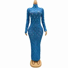 무대 착용 파란색 메쉬 스팽글 큰 돌 긴 소매 생일 드레스 저녁 축하 복장 스트레치 투명한 드레스
