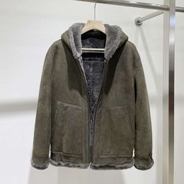 Designer Original Lamb Fur Integrated Leather Jacket Mens Hooded Double Sided Wear 0DFI