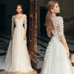 Charming 3D-Floral Appliques Wedding Dresses Long Sleeve Bridal Gowns A Line Sweep Train Bride Dresses Custom Made Plus Size