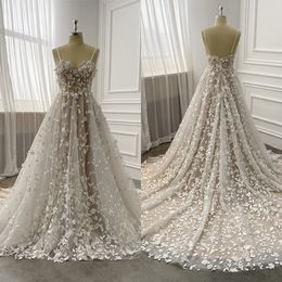 Simple A Line Women Wedding Dress Spaghetti Strap Sleeveless Zipper Bridal Gowns 3D Appliques Sweep Train Dress Custom Made vestidos de novia