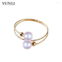 Cluster Rings YUNLI Real 18K Gold Ring Simple Natural Freshwater Pearl Pure AU750 Adjustable Elastic For Women Fine Jewellery Gift RI003
