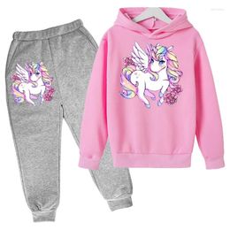 Clothing Sets Unicorn Pink For Girls Hoodie Suit Cotton Top Pant 2P Movement Spring Autumn Keep Warm Kids Childrens Boys Clothes