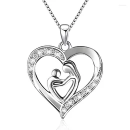 Pendants Genuine 925 Sterling Silver Pendant Necklaces Mom With Son Love Heart CZ Diamond Mother's Day Gift Fine Jewellery