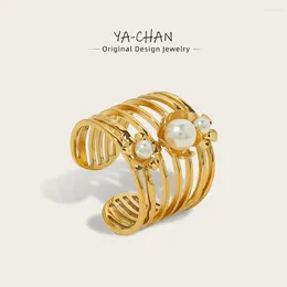 Wedding Rings YACHAN 18K Gold Plated Stainless Steel For Women Vintage Luxury Pearl Aesthetic Wide Ring Waterproof Jewelry