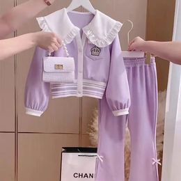 Kids Spring Loungewear School Clothes for Girls Doll Collar Coats Pants Two-Piece Sets Teen Children Tracksuits for 3-14Y 240118