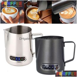 Milk Jugs 350 600Ml Stainless Steel Frother Pitcher With Thermometer Indicator Barista Coffe Latte Art Cup Jug 230715 Drop Delivery Dhbbh