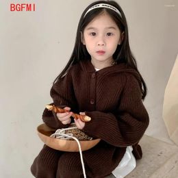 Clothing Sets Children's Set 2024 Winter Girls' Korean Solid Knitted Two Piece Single Breasted Casual Thickened Hooded Wool