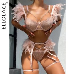 Ellolace Feather Lingerie Sexy Porn Underwear Women Body Transparent Bra Metal Chain Lace Exotic 3Piece Set Luxury Intimate 240202