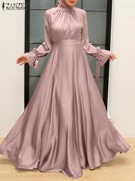 Ethnic Clothing ZANZEA 2024 Spring Women Long Sleeve Solid Satin Sundress Robe Femme Muslim Maxi Dress Dubai Turkey Abaya Hijab Ramadan