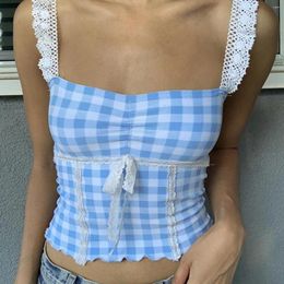 Women's Tanks Plaid Vintage Bow Tie Tank Tops Women Girl Fairy Grunge Y2K Crop Top 00s Aesthetic Slim Fit Mini Vest Chic Tee Streetwear