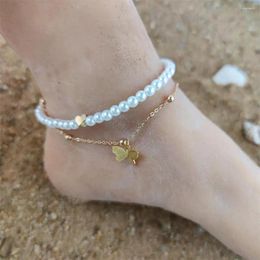 Anklets With Metal Heart Butterfly And Pearl Design For Beach Vocation