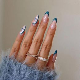 False Nails 24Pcs/Set Greenish Blue Almond Wearable Fake Art Tie Girls Artificial Acrylic French Press On Nail Tips Stick