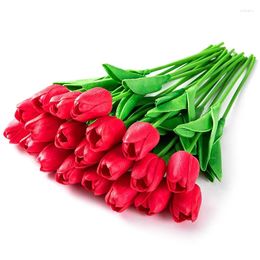 Decorative Flowers Quality 20Pcs Tulips Artificial Real Contact Feel Red For Party Home Wedding Decoration(Red)