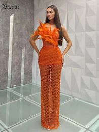 Casual Dresses VC Sexy Women'S Dress 2024 Summer Feather Decorated Orange Sequin Sleeveless High Slit Long Without Belt