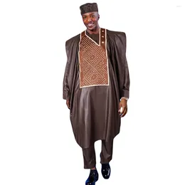 Ethnic Clothing H&D African Clothes For Men Tradition Wedding Party Robe Embroidery Brown Shirt Pants 3 Pcs Set Dashiki Agbada Ramadan