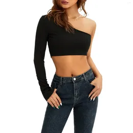 Women's T Shirts Women Fashion Wild Crop Tops Solid Colour One-Shoulder Long Sleeve T-Shirts Spring Autumn Slim Fit Streetwear