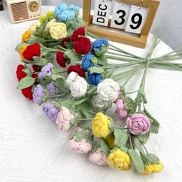 Decorative Flowers 1pc Knitting Flower Rose Diy Fake Bouquet Wedding Party Decoration Home Table Crochet Valentine's Day Gift
