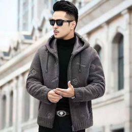 Haining Fur Mens Designer Integrated Grain Wool Jacket Hooded Embroidery Sheep Shearing Casual FLGJ