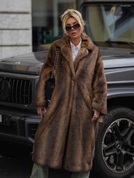 Women's Fur Dark Brown Faux Long Overcoat Single Breasted Fleece Jacket Trench Coat 2024 Winter Fluffy Plush Warm