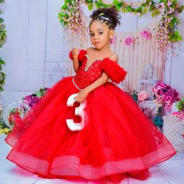 Cute Red Kids Birthday Dresses Flower Girl Dresses Sheer Neck Pleated Ruffles Tiered Tulle Ball Gowns for little Girls for Wedding Bridal Gowns Beaded Sequins NF105