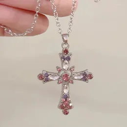 Pendant Necklaces Fashion Y2K Punk Pink Purple Zircon Cross Necklace For Woman Rhinestone Clavicle Chain Charm Party Jewellery Accessories