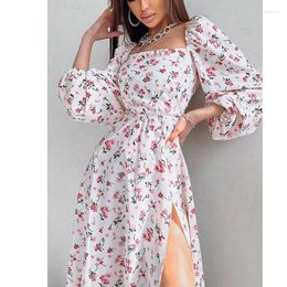 Casual Dresses Elegant Women's Sexy Full Sleeve Open Back 2024 Summer Floral Lace Up Hollow Out Split Dress Female Robe S-XXXL