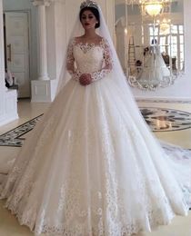 White Wedding Dresses Ivory Bridal Gowns Formal A Line Applique Custom Zipper Lace Up Plus Size New Tulle Floor-Length O-Neck Long Sleeve Illusion