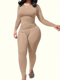 Women's Two Piece Pants 2 Outfits Ribbed Long Sleeve Set Fitted T-shirt High Waist Elastic Leggins Casual Matching