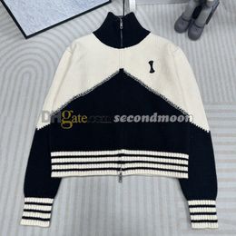Letters Embroidered Knits Top Women Zip Neck Cardigan High Collar Knitted Coat Contrast Colour Cardigans