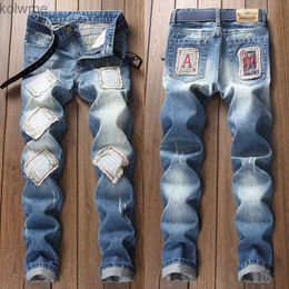 Men's Jeans Mens Chinese words patched blue jeans ripped slimming denim pants scratched casual jeans pants poker embroidery trendy jeans YQ240205