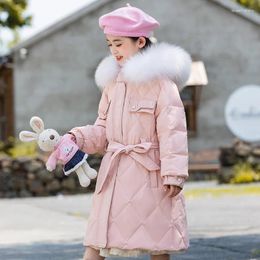 Down Coat 2024 Winter Girls Fashion Fur Hooded Long Jacket With Waistband Baby Kids Children Thick Warm Outerwear