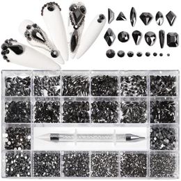 Mine Black Fancy Crystal Nail Rhinestones Luxury Nail Parts Gems Stones 3D Flatback Shaped Diamonds Glass Nail Art Decorations 240202