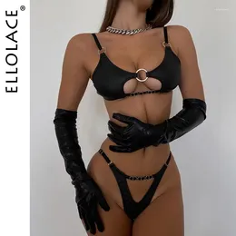 Bras Sets Ellolace Leather Lingerie Set Women 2 Piece Sexy Cut Out Wireless Bilizna Outfit Round Ring Intimate Cupless Sensual Bra