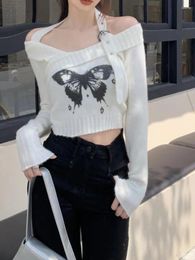 Women's Sweaters Autumn Winter Knitwear Slim Sheer Charm Sweet Hanging Neck Butterfly Printed Knitted Short Top Women Pullover 9YUO