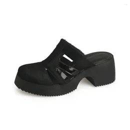 Sandals Fashion Women Summer Shoes Leather Block Heels Ladies Luxury Designer Mules Round Toes Kitten Black Brown