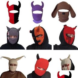 Cycling Caps Masks Halloween Funny Horns Creative Knitted Hat Beanies Warm Fl Face Er Ski Mask Windproof Clava For Outdoor Sport D Dhcb0