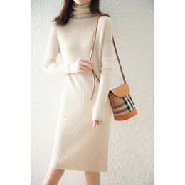 100 Pure Wool Knitted Stripped Pier Neck Dress Cashmere Sweater Pullover Slim High Collar Knee Length 20 240131