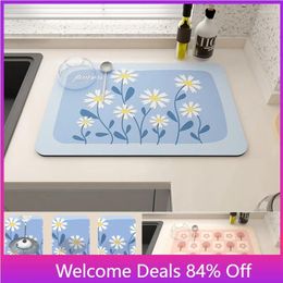 Table Mats Flower Prints Coffee Dish Placemat Super Absorbent Kitchen Draining Mat Quick Dry Bathroom Drained Pads Accessories