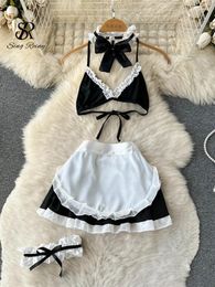 Work Dresses SINGREINY Erotic Strapless Women Underwear Sets Bow Lace Up Sensual Role Play Set Fashion Maid Uniform Sexy Lingerie Skirt