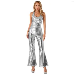 Stage Wear Womens Metallic Shiny Sleeveless Racer Back Tank Top With Elastic Waistband Flare Pants 70's Theme Party Disco Dance Clubwear