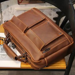 Briefcases 2024 Brown Men Vintage Handbag Business Documents Briefcase Portfolio Laptop Bag Shoulder Messenger Office