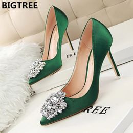 BIGTREE Silver Gray Black Women Bridal Wedding Shoes Faux Silk Satin Rhinestone Crystal Shallow Woman Pumps Stiletto High Heel 240130