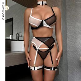 Bras Sets ECTOOKO High Quality Black And White Colour Clash Thin Section Stretch Mesh See-Through Erotic Lingerie Three Piece Set