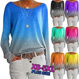 Autumn Winter Gradient Women Tshirt Casual Oneck Long Sleeve Rainbow Pullover Tops Plus Size S5xl Blue Black Tshirts 240129