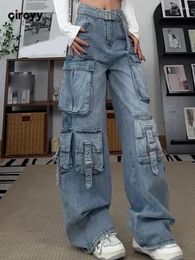 Women's Jeans Circyy Cargo Pants Women High Waisted 2024 Blue With Belt Wide Leg Loose Streetwear Vintage Y2k Pockets Trousers