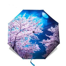 Folding Umbrella Female Van Gogh Painting Chinese Art Sakura Umbrellas Rain Women Windproof Anti-UV Sun Parasol 240123