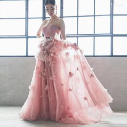 Casual Dresses Custom Made Peach Pink Flowers Tulle Prom Gowns Charming Strapless Floral A Line Formal Party Floor Length Pageant Dress