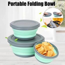 Dinnerware 3 Pieces Silicone Folding Bowls With Lid Foldable Lunch Box Portable Salad Bowl Sets