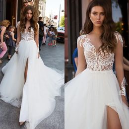 Delicate Lace A Line Wedding Dresses With Illusion Long Sleeves Sheer Neck Boho Beach Bridal Gowns Sweep Train Sexy Thigh Split Bride Reception Robes de Mariee CL3287