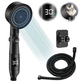 5-Mode Adjustable Temperature Digital LED Display Shower Head Upgraded Motor Version Turbocharged Rainfall Spray Nozzle Bathroom 240202